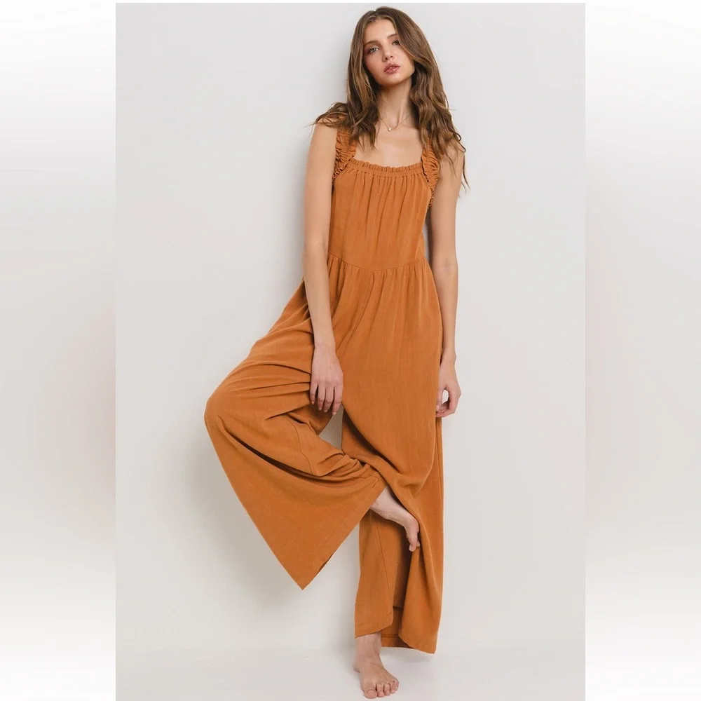 17 Solid Ruffle Strap Wide Leg Jumpsuit - Picture 1 of 7
